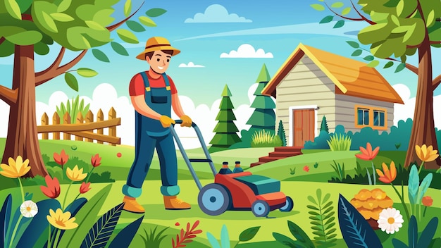 a man mowing the lawn with a lawn mower