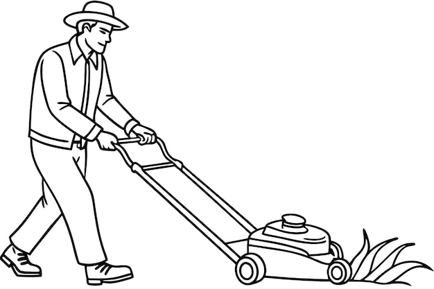 Vector man mowing lawn with push mower in line art style