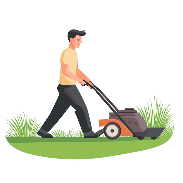 Vector a man mowing the lawn with a push mower