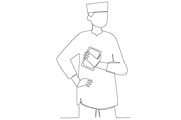 A man in Muslim cloth bringing Quran in Ramadan one line art