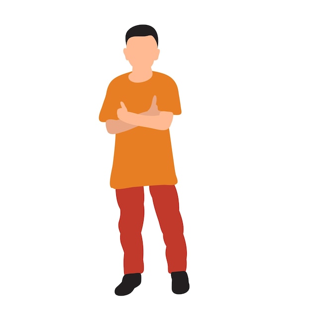 A man in an orange shirt stands in front of a white background.