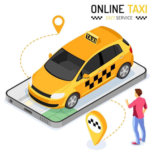 Man orders taxi from smartphone. Online taxi 24 hour service concept with people, car, map and route pin. isometric icons. isolated vector illustration