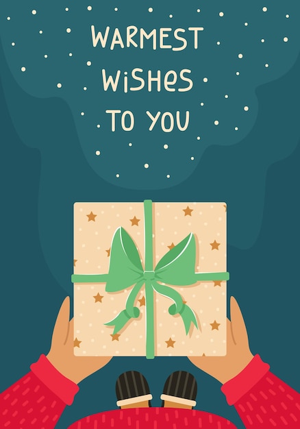 A man in pajamas and slippers holds a Christmas gift in his hands. New year greeting card.