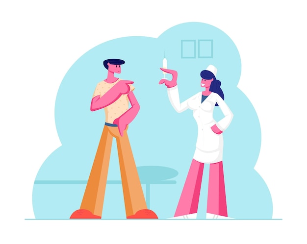 Man Patient Visiting Hospital for Vaccination. Cartoon Flat  Illustration