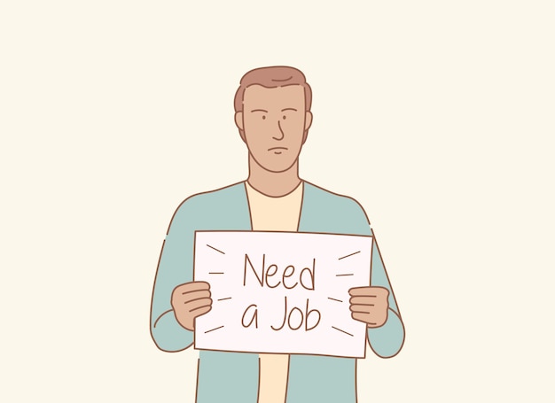 Vector man people need job with paper signboard with outline or line and clean simple style