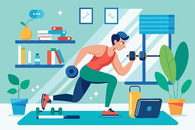 A man performs strength training indoors using dumbbells in a stylish modern flat environment Training at home Customizable Flat Illustration