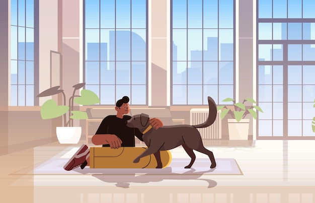 man pet owner playing with cute dog best friends domestic animal caring for fourfooted friend concept modern living room interior horizontal vector illustration