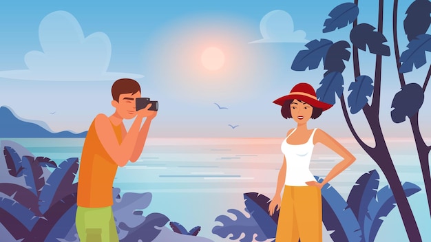 Man photographing beautiful woman on tropical sea beach illustration