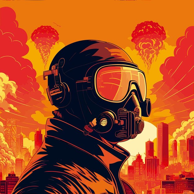 A man in a pilot mask nuke explosion city in the background illustration