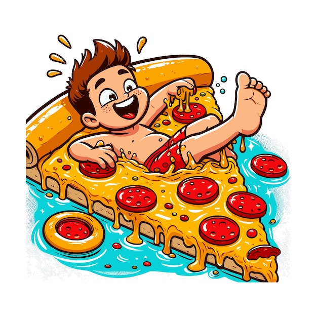 Vector man in a pizza young boy playfully swimming inside a giant slice of pepperoni pizza