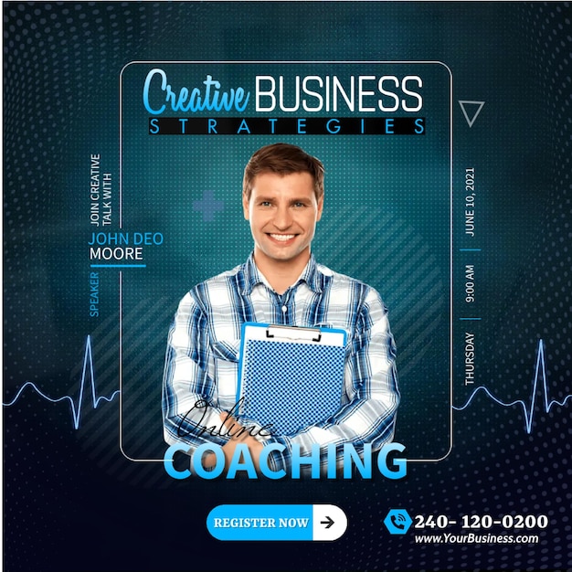 a man in a plaid shirt with a blue background that says creative business