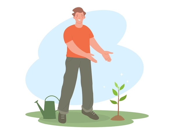 Man planted a tree Character stands and points with his hands at a tree sapling