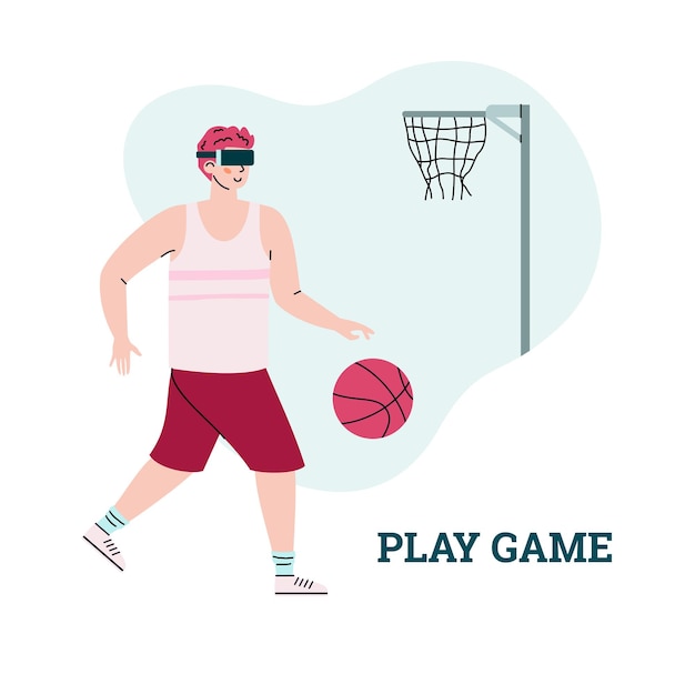 Man play in basketball game in virtual augmented reality a vector illustration