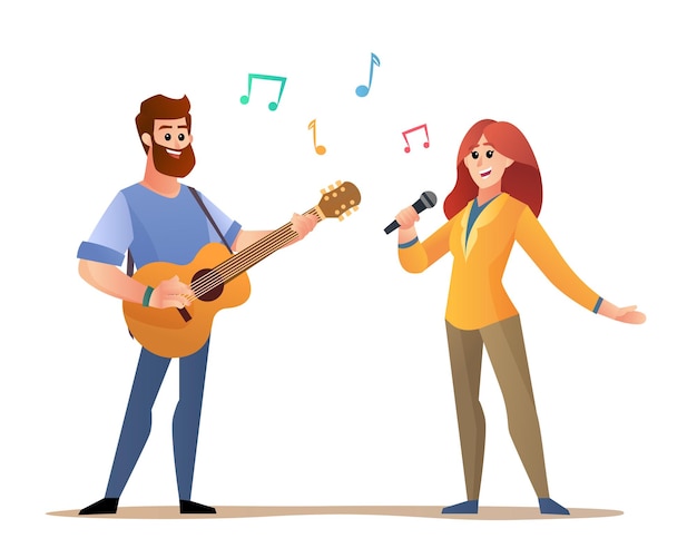 man playing acoustic guitar and woman singing illustration