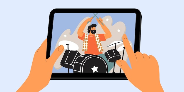 Man playing drums through tablet screen Communication video conference online music concert podcast app Mobile online services Vector illustration in flat style