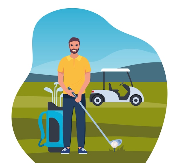 Vector man playing golf golfer with golf club on green grass bag with professional equipment