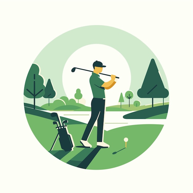 Vector a man playing golf swing his stick circle flat design