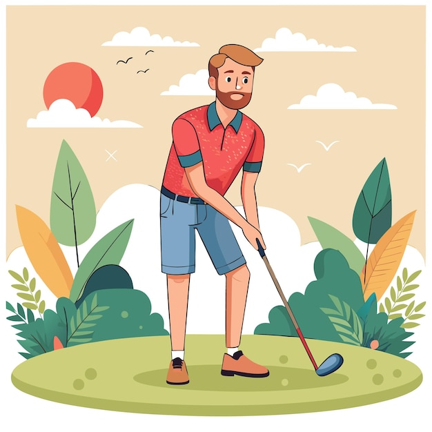 Vector a man playing golf in a vibrant outdoor setting