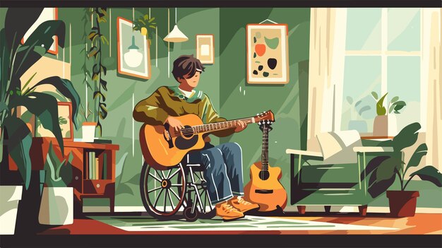 Vector a man playing guitar in a room with a picture of a man playing guitar