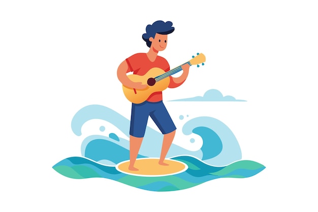 Man Playing Guitar While Surfing on Ocean Waves