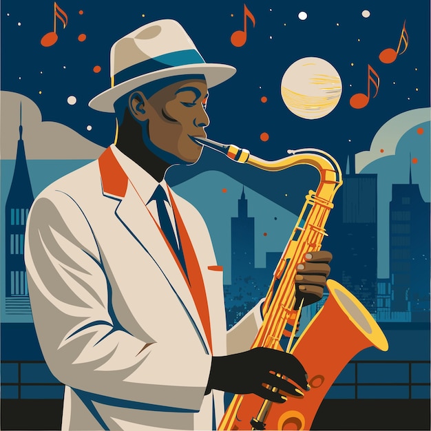 Vector a man playing a saxophone with the words  jazz  on the picture