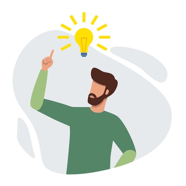 Man pointing up to the bright bulb having fresh idea and finding problem solution