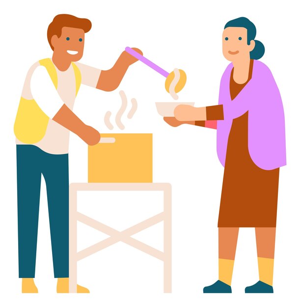 Man pouring soup for old woman. Volunteer serving food. Vector illustration