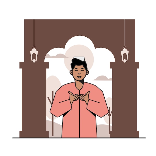 Man praying in mosque eid adha morning in flat illustration