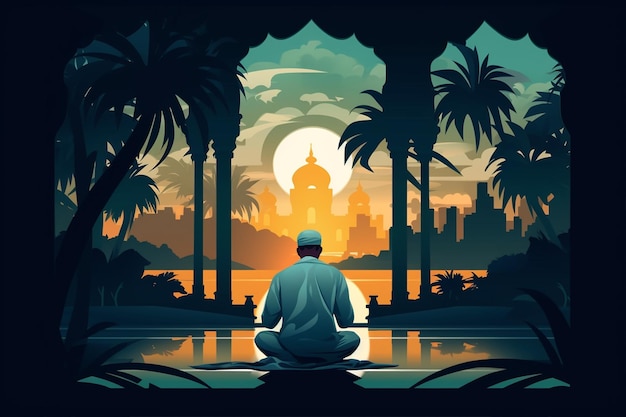 Man Praying at Night Vector Illustration