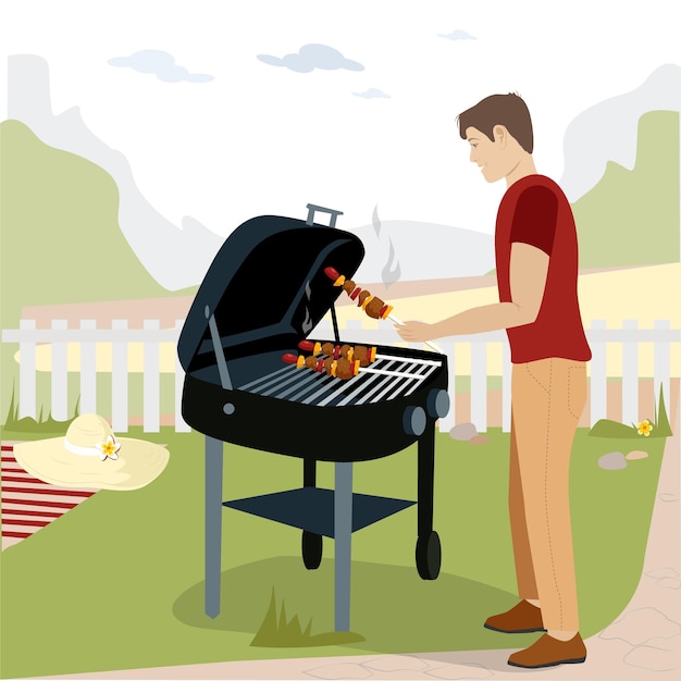 Man prepares barbecue kebab meat vegetables backyard outdoors Flat Illustration