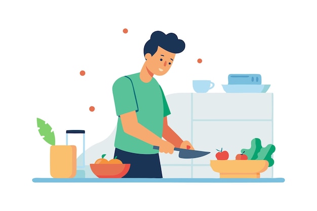 Vector man preparing vegetables in kitchen cooking healthy meal at home