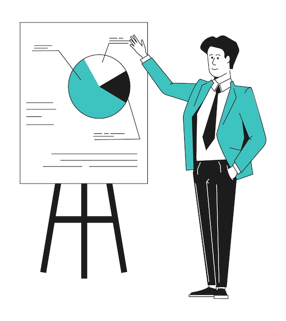 Vector man presenting diagram. business man explaining chart. presentation concept. vector illustration