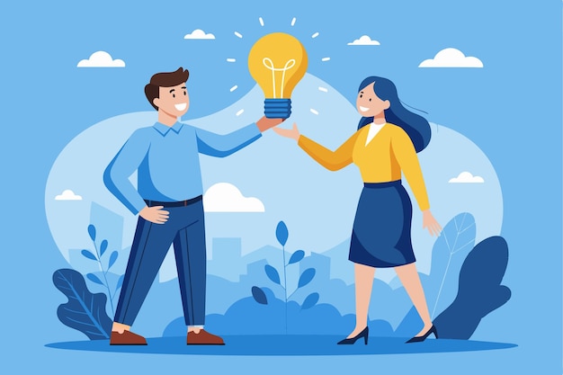 A man presents a light bulb to a woman in a vibrant outdoor environment symbolizing innovation man gives light bulb to woman