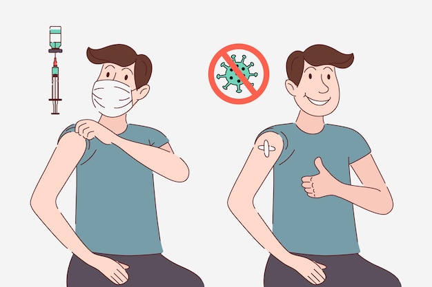 Man in Protective Mask Getting Vaccinated Showing Vaccinated Arm Syringe Coronavirus Sign Patient After Receiving Covid19 Vaccine Vaccination concept Healthcare Diagnostics Flat Style Vector