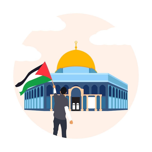 A man protest stands in front of al Aqsa masjid with a Palestine flag vector illustration