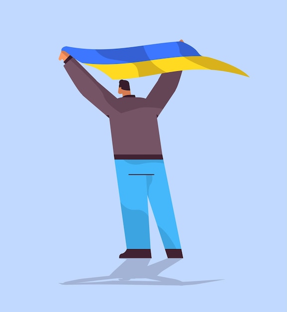 man protester holding Ukrainian flag pray for Ukraine peace save Ukraine from russia stop war concept full length vector illustration