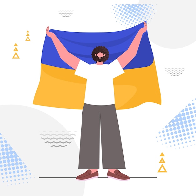 man protester holding Ukrainian flag pray for Ukraine peace save Ukraine from russia stop war concept full length vector illustration