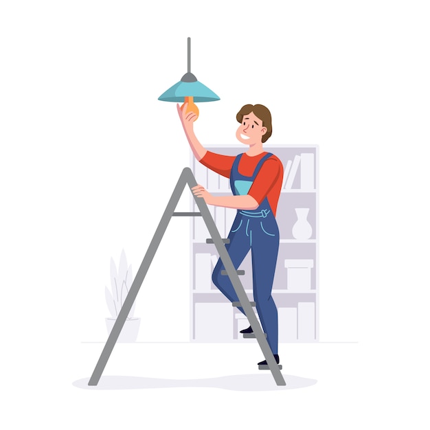 Man provides repair services in homes or offices. Cleaning service professional works on a ladder. illustration.