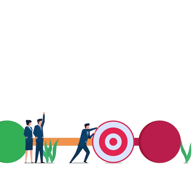 Man push target to last checkpoint metaphor of progress. Business flat concept illustration.