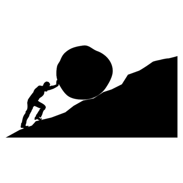 Vector man pushing big boulder uphill concept of fatigue effort courage power force vector cartoon black silhouette in flat design isolated