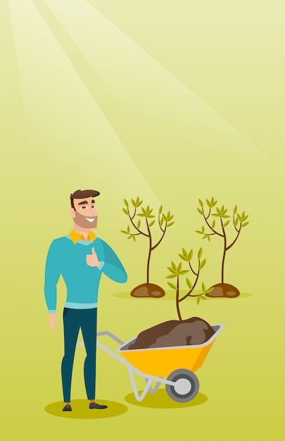 Man pushing wheelbarrow with plant.