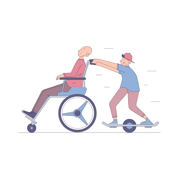 a man pushing a wheelchair with a man pushing him