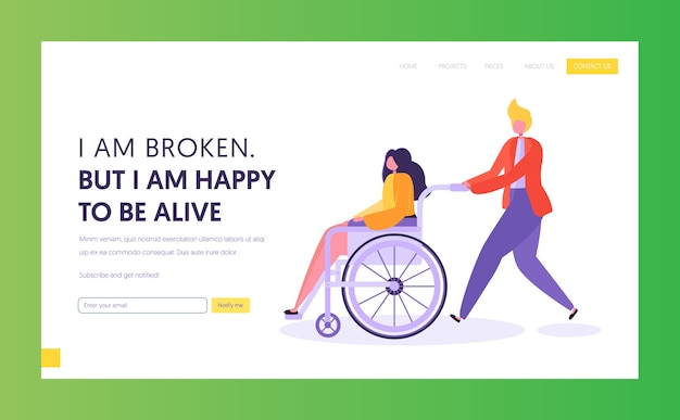 Vector man pushing young disabled girl sitting in wheelchair. landing page template