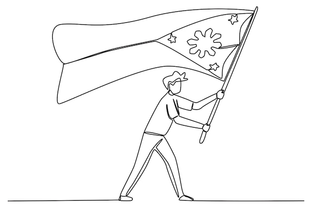 A man raising the Philippine flag Philippine independence day oneline drawing