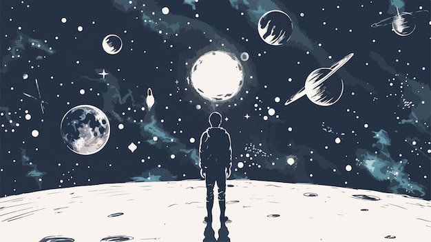 Man Reaching Space Planets Handdrawn Vector Isolated