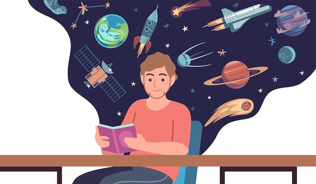 Man read space book Young male character sitting at desk and holding open textbook cosmic objects and rockets on background science fiction and entertainment literature Vector cartoon concept