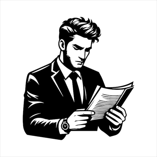 Vector a man reading a book in a black and white photo