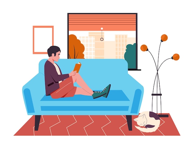 Man reading book on couch at home Vector of reading book read on couch or sofa get knowledge illustration