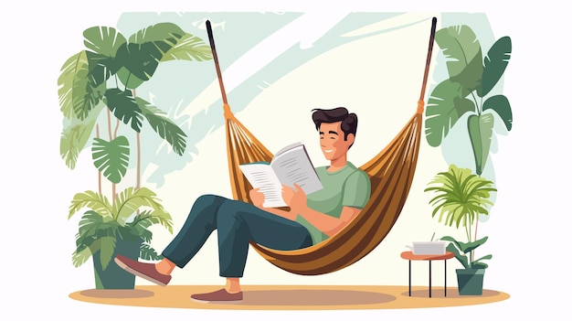 a man reading a book in a hammock