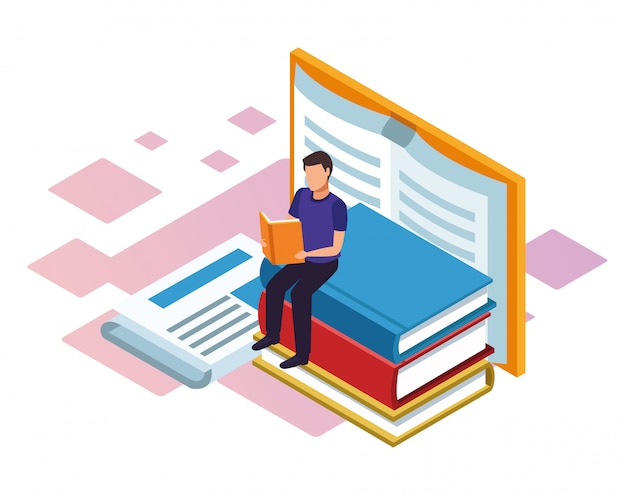 man reading a book with big books around over white background, colorful isometric 